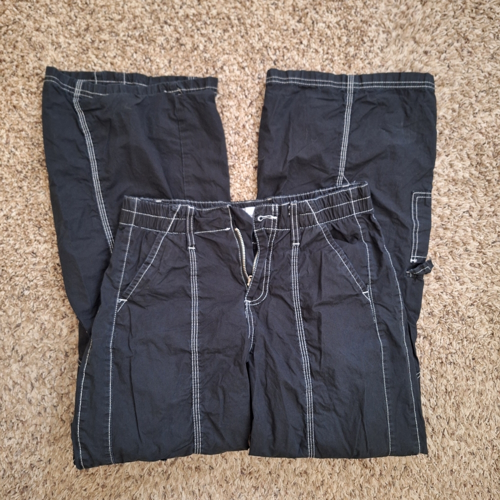 Angel Kiss Y2K Contrast Stitch Black Cargo Utility Pants (Size 7/28)